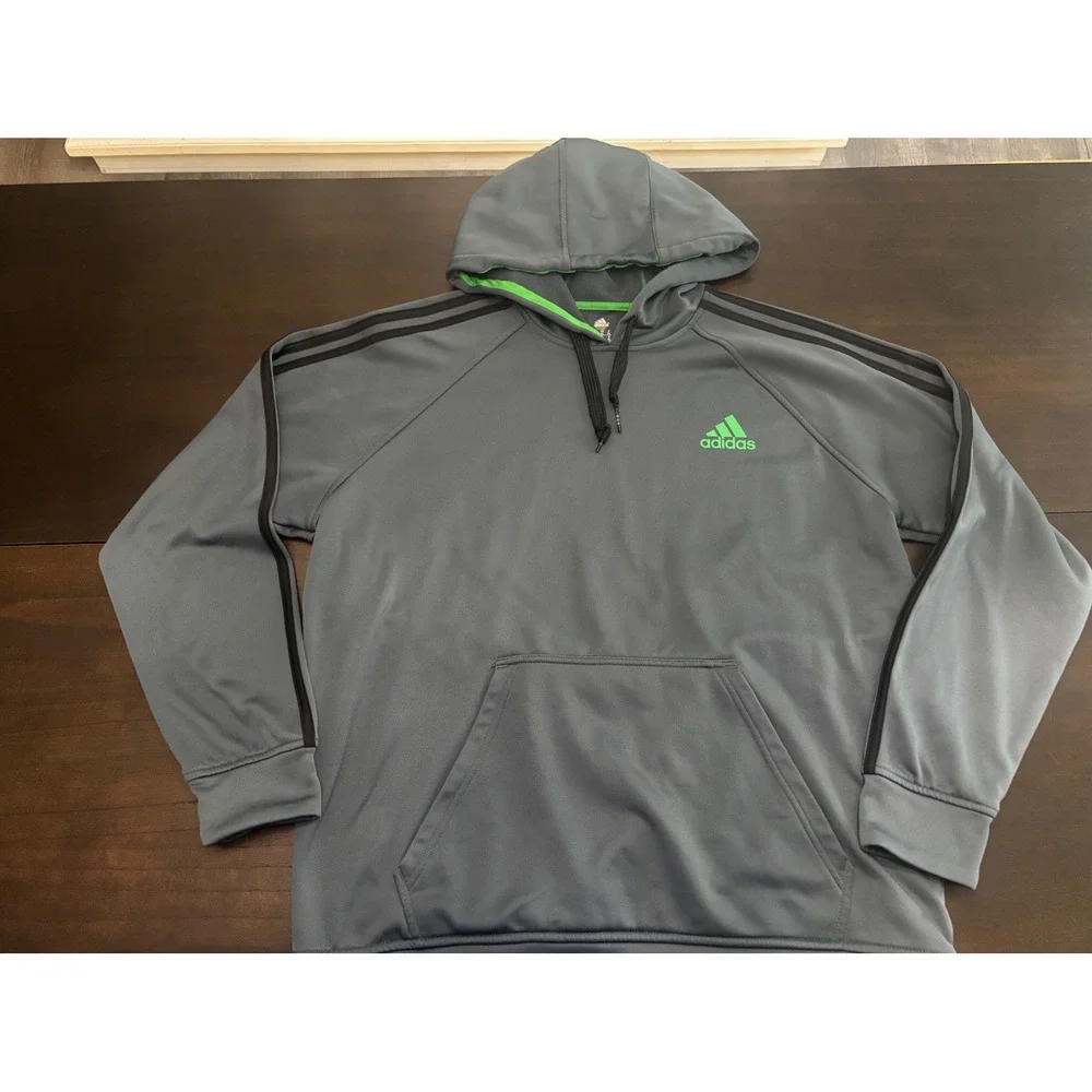 Adidas Hoodie 3-Stripe Fleece Pullover Gray Neon Green Mens XL